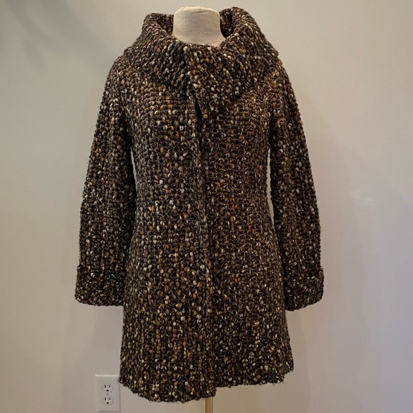 Curio Womens Textured Long Tan Black Cream Knit Cardigan w Wing Collar / Size M - Picture 1 of 10